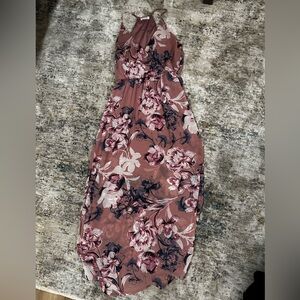 Beautiful Lulus dress. Mini dress liner with midi length sheer floral overlay